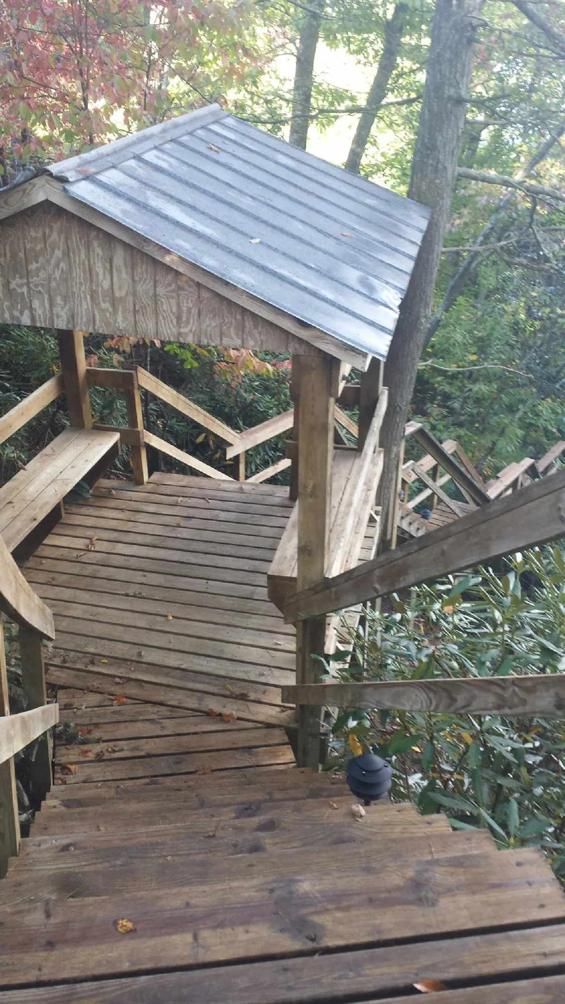 Metal roofed shelter over wooden steps on a wooded walkway — Skylight Repair & Installation work by our crew in Bruno